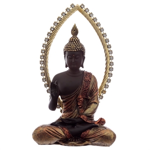 Buddha 334G siddende træ- og guldfarvet h:24cm